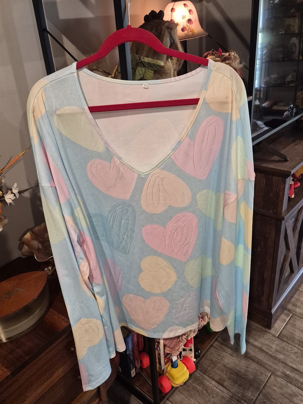 Pastel Heart Print V-Neck Long Sleeve Top